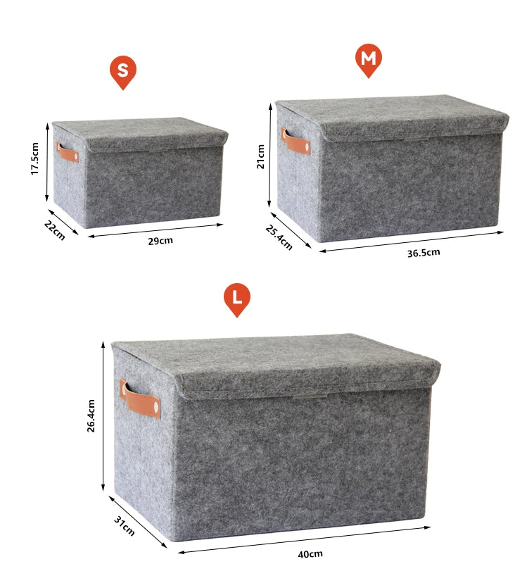 Set of 3 Felt Storage Organizer Bins with Lid and Handles