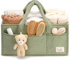 Plush Sherpa Baby Diaper Caddy with Pockets & Teddy Bear Charm (Sage Green)