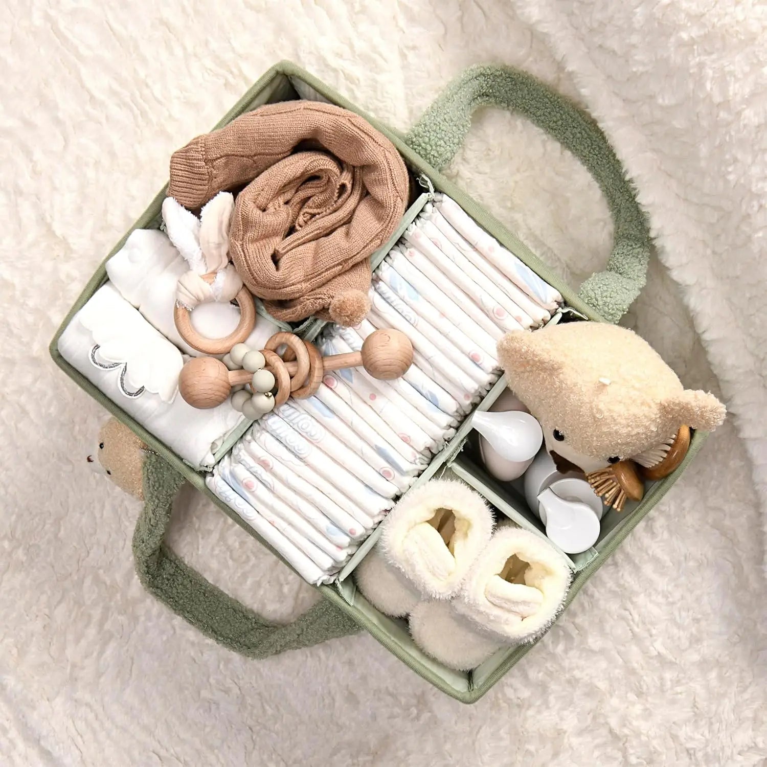 Plush Sherpa Baby Diaper Caddy with Pockets & Teddy Bear Charm (Sage Green)