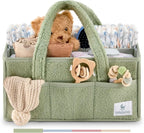 Plush Sherpa Baby Diaper Caddy with Pockets & Teddy Bear Charm (Sage Green)