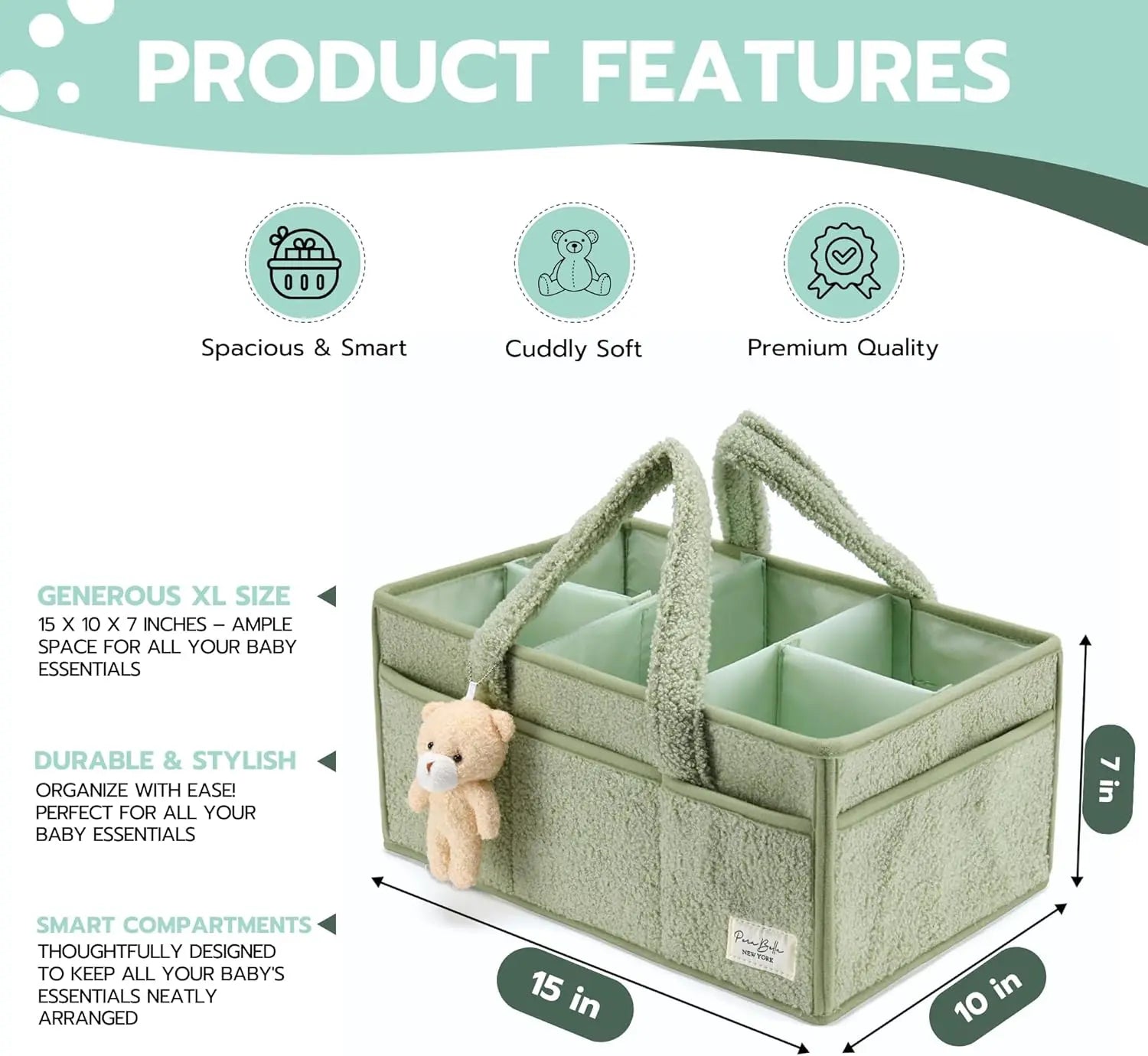 Plush Sherpa Baby Diaper Caddy with Pockets & Teddy Bear Charm (Sage Green)