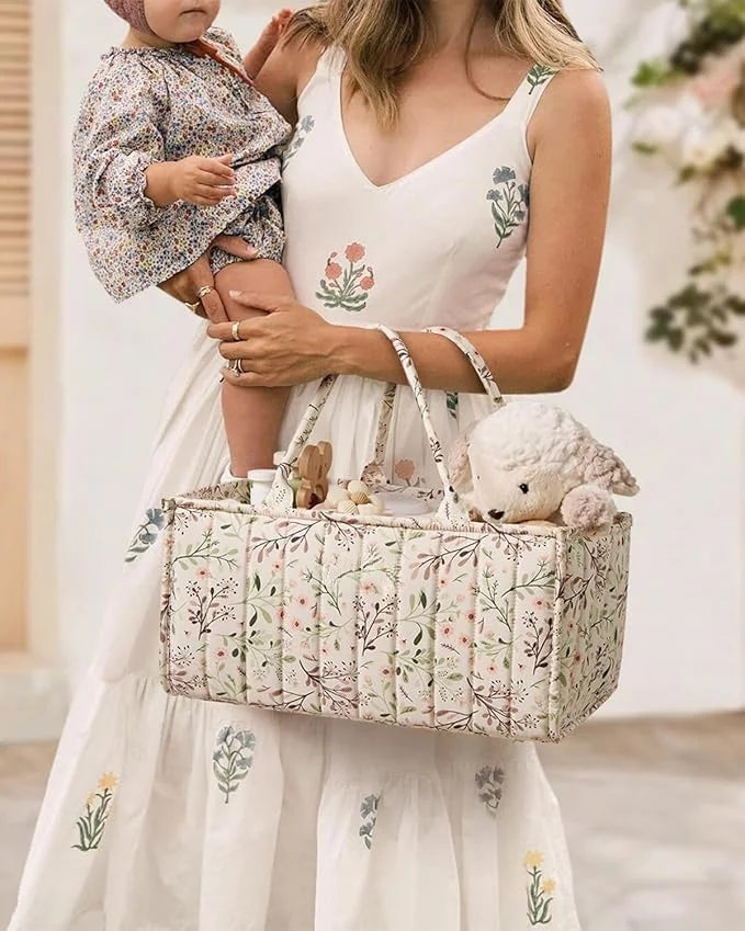 Elegant Quilted Floral Nursery Changing Caddy with Handle