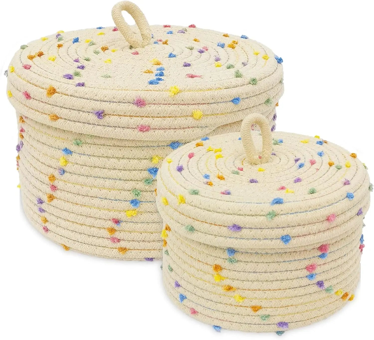 Whimsical Pom-Pom Cotton Rope Storage Baskets with Lids (Set of 2)