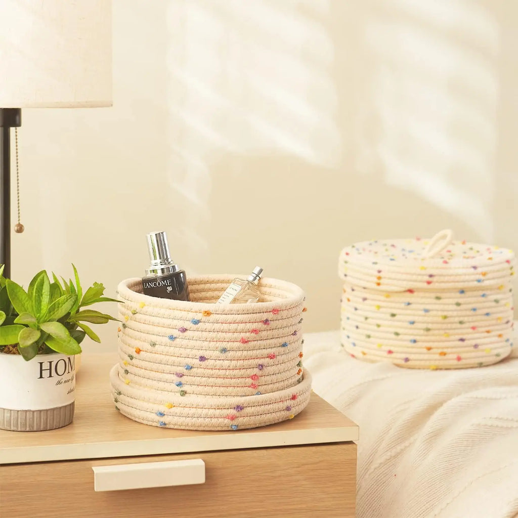 Whimsical Pom-Pom Cotton Rope Storage Baskets with Lids (Set of 2)