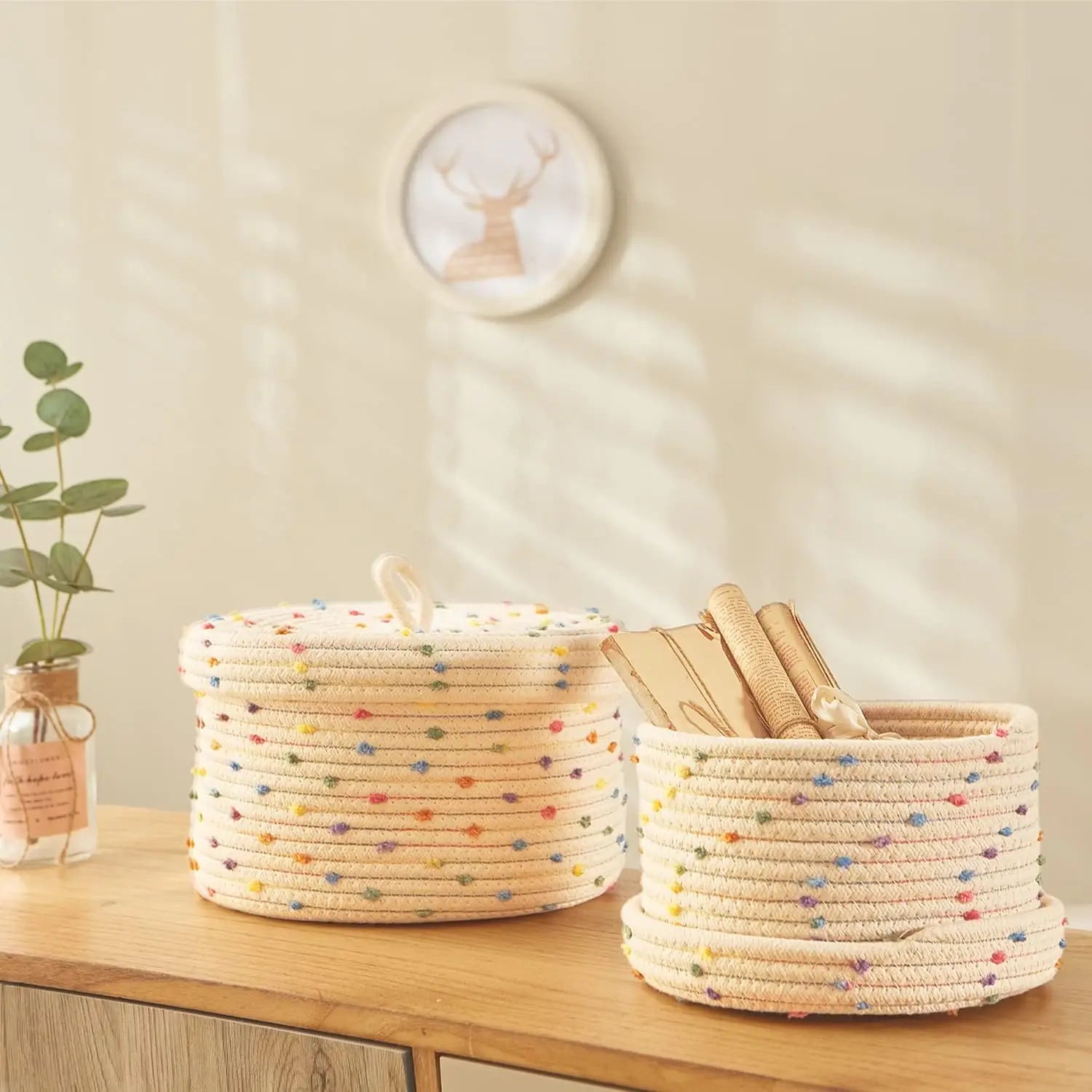 Whimsical Pom-Pom Cotton Rope Storage Baskets with Lids (Set of 2)