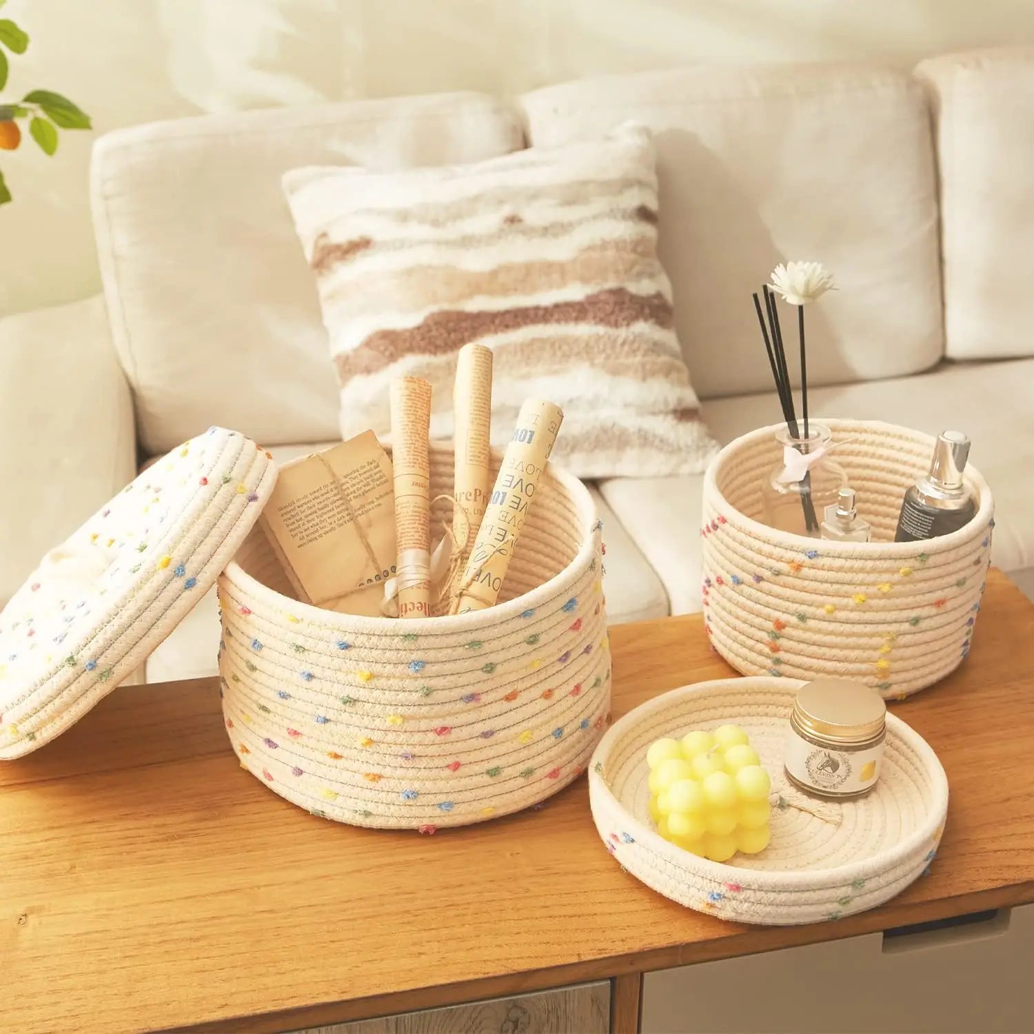Whimsical Pom-Pom Cotton Rope Storage Baskets with Lids (Set of 2)