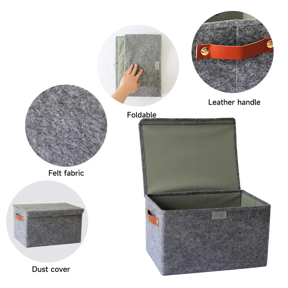 Set of 3 Felt Storage Organizer Bins with Lid and Handles